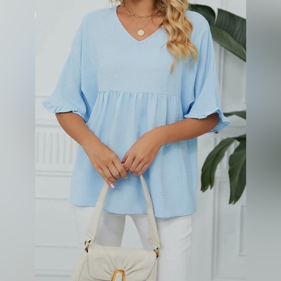 Textured Ruffle Gathered Boutique Top Short Sleeve V Neck Blouse in Coastal Blue - Picture 6 of 8